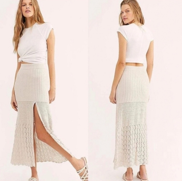 Free People Bari Knit Column Maxi Skirt Oatmeal Color Front Slit size XS - Picture 1 of 16